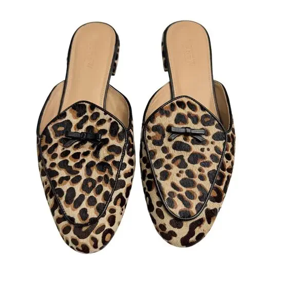 J.Crew Leopard Calf Hair Piped Loafer Mules Women’s Size 9 Leather Slip On Flats - Picture 2 of 7